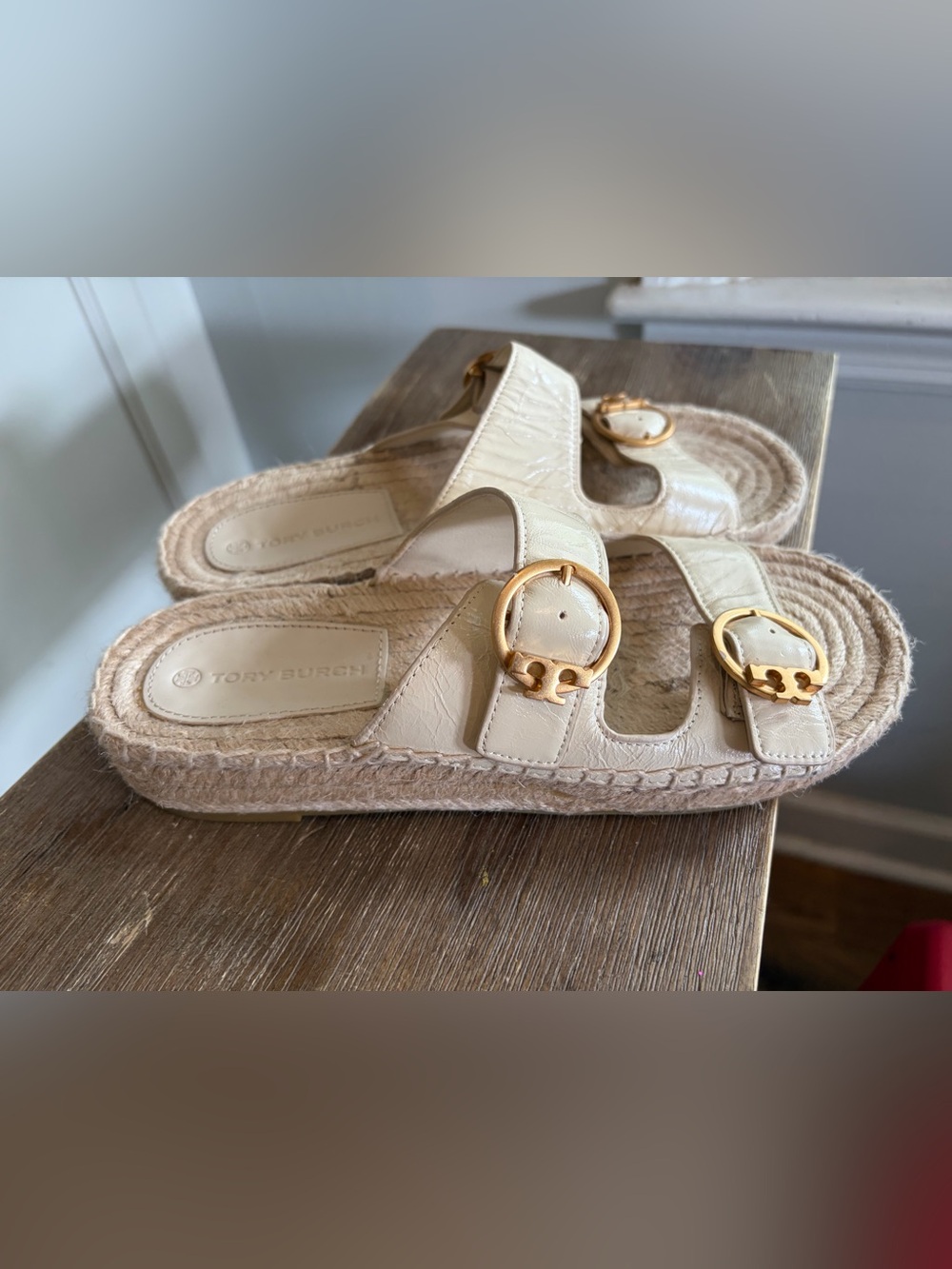Tory Burch Selby Two Band Espadrille Slides oat gold Leather Size 7 Buckles